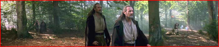 Qui-Gon and Jar Jar cross the clearing